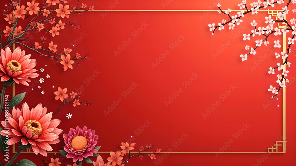 Chinese New Year Background with Flowers and Branches. Concept of Celebration, Prosperity, and Tradition. Chinese New Year Background with Flowers and Branches. Concept of Celebration, Prosperity, and Tradition.