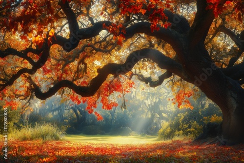 Vibrant autumn leaves gently swaying on an oak tree in a park during fall with a beautiful natural backdrop