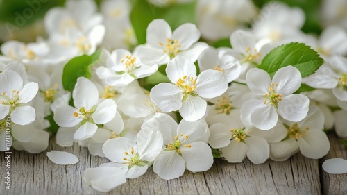 White blossoms with yellow centers on wooden surface and green leaves