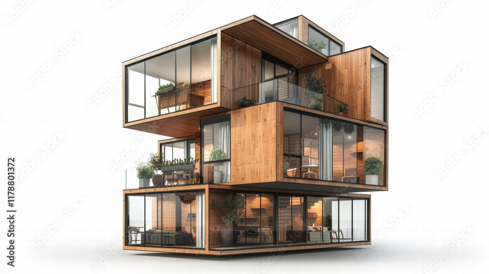 3D visualization of a modular cube-shaped apartment building with wooden cladding glass balconies minimalist aesthetic on a white background 3D visualization of a modular cube-shaped apartment building with wooden cladding glass balconies minimalist aesthetic on a white background