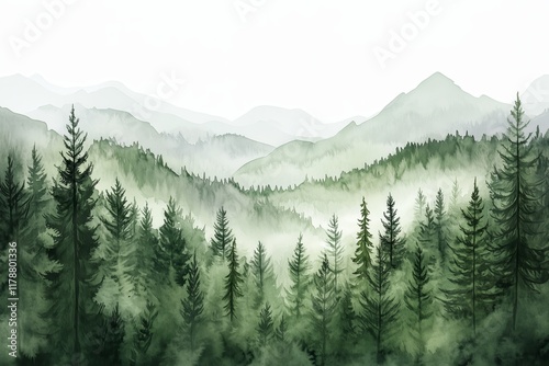 Watercolor depiction of a forest with mountains and pine trees in a lush green landscape