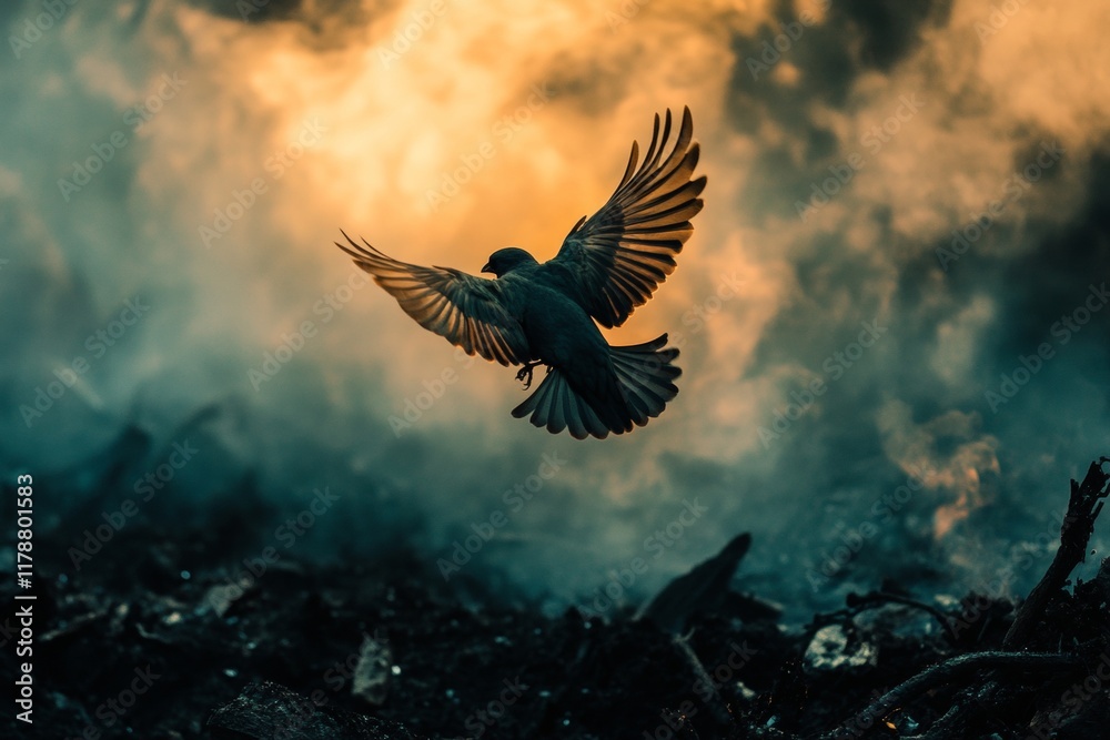 Obraz premium Bird is flying in the sky above a pile of debris. The image has a mood of destruction and chaos