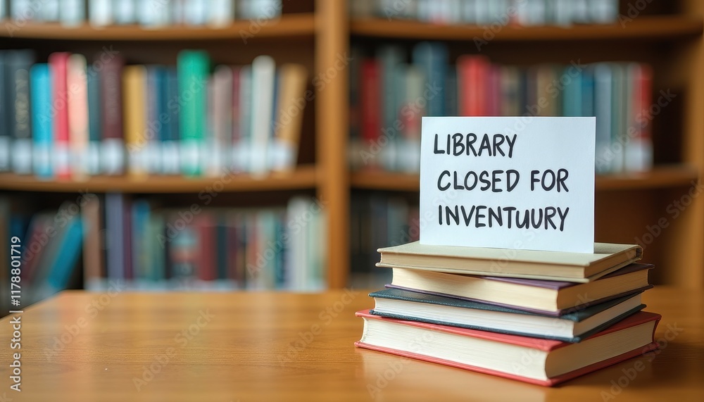 A school library desk with a handwritten sign on a stack of books: LIBRARY CLOSED FOR INVENTORY. A school library desk with a handwritten sign on a stack of books: LIBRARY CLOSED FOR INVENTORY.