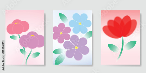 Abstract colorful gradient flower card background set. Minimalist poster with flower blurred texture. Modern summer and spring wallpaper design for home decoration, website, banner, ads.