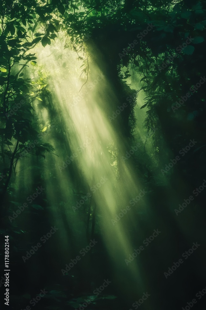 Obraz premium Sunlight filters through dense forest foliage, creating a mystical and serene atmosphere in a lush jungle.