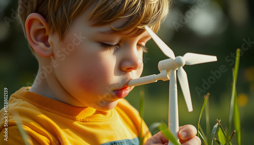 Closeup of little boy blowing a wind turbine toy and studying how green energy works from a young age - Concept of future generation and enewable Energy, vibrant, with white tones photo