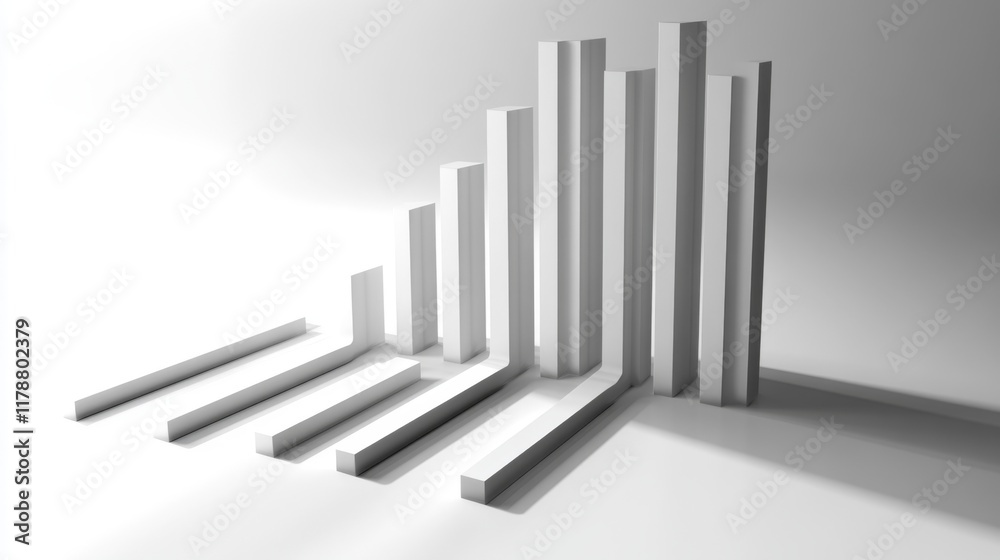 Minimalist D bar chart with tall, sleek bars in monochromatic tones, casting shadows on a clean, white background Minimalist D bar chart with tall, sleek bars in monochromatic tones, casting shadows on a clean, white background
