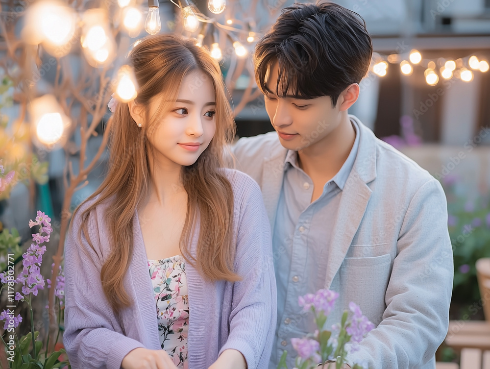 Young Asian couple in a small, warmly lit yard surrounded by early-blooming flowers and soft moonlit ambiance. They’re decorating a string of lights above a small garden bench Young Asian couple in a small, warmly lit yard surrounded by early-blooming flowers and soft moonlit ambiance. They’re decorating a string of lights above a small garden bench