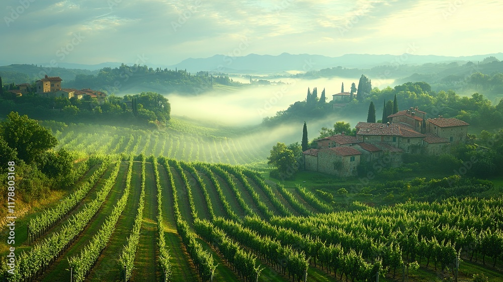Fototapeta premium Serene vineyard landscape with misty hills and rustic buildings in the distance.