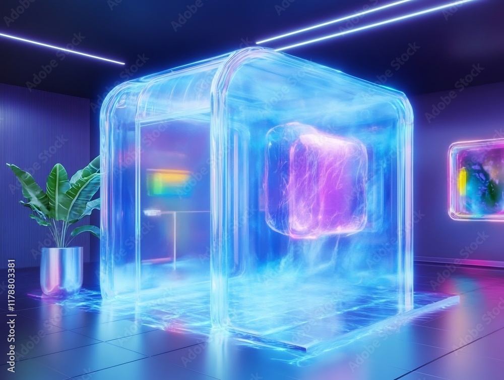 Obraz premium Futuristic 3D Render: Vibrantly Lit Enigma Chamber in a Modern Space. AI Generated