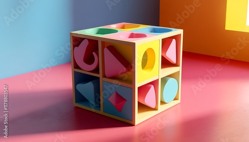Geometric sorting cube with assorted shapes in primary colors