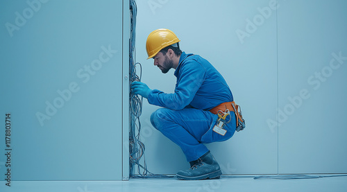 A male electrician in a blue uniform and helmet is working with wires on a white wall, as seen from the side. This high-quality photo depicts the man repairing an electrical panel