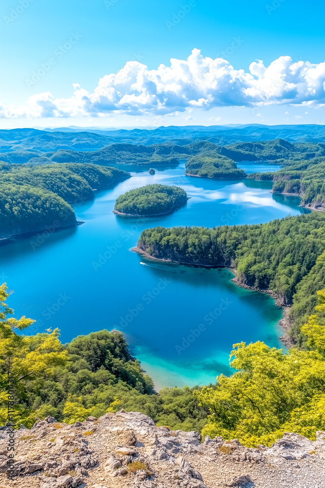 Naklejka premium A beautiful lake with mountains in the background