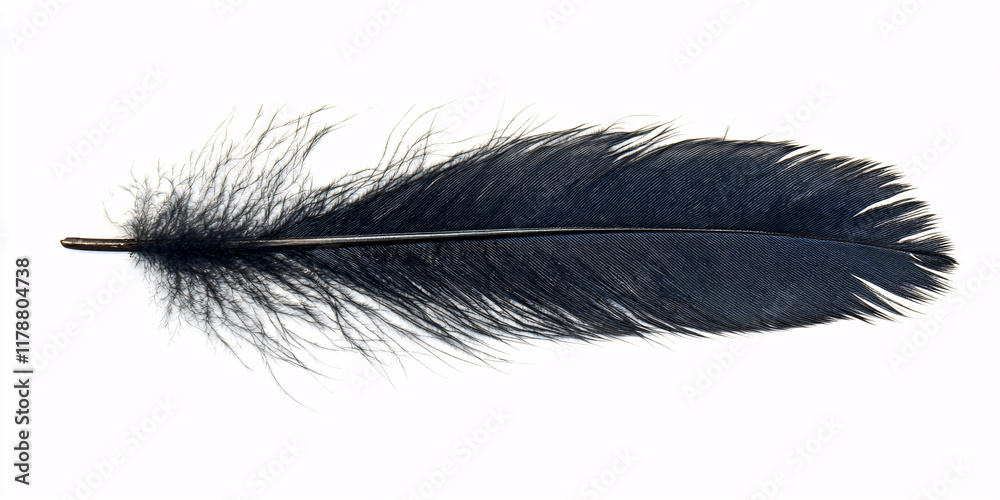 A captivating close-up photograph of a single black feather against a stark white backdrop A captivating close-up photograph of a single black feather against a stark white backdrop