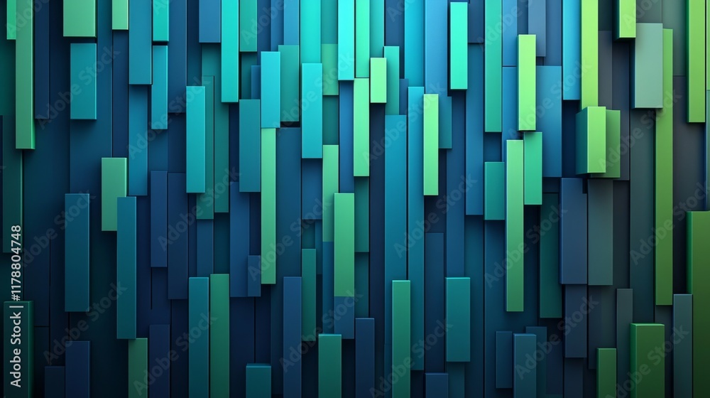 Tall, glossy D bars in various shades of blue and green, arranged in an upward trend on a dark, textured background Tall, glossy D bars in various shades of blue and green, arranged in an upward trend on a dark, textured background