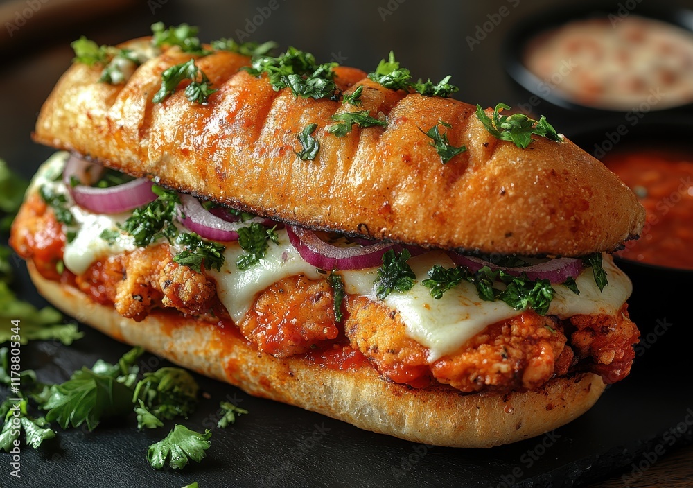 Gourmet crispy chicken sandwich with mozzarella cheese and sauce Gourmet crispy chicken sandwich with mozzarella cheese and sauce