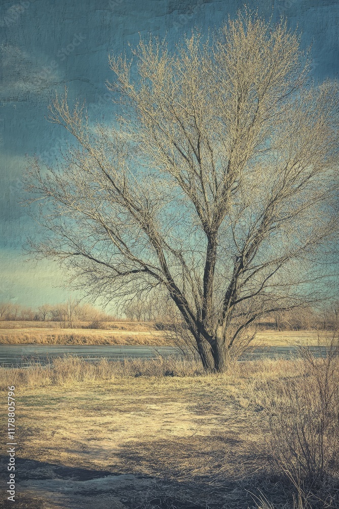 A solitary tree stands by a calm river, captured in a vintage style with a clear blue sky in early spring. A solitary tree stands by a calm river, captured in a vintage style with a clear blue sky in early spring.