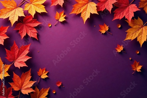 Dry orange metallic leaves, violet background Geometric autumnal design , purple background, foliage, photo