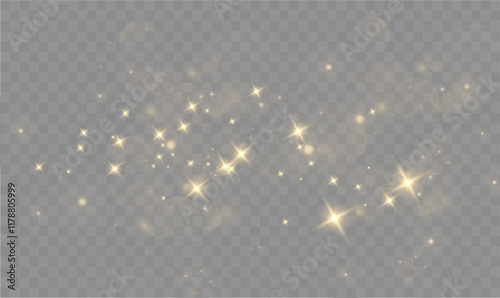 Christmas dust glowing bokeh confetti light and glitter texture overlay for your design. Festive sparkling gold dust png. Holiday powder dust for cards, invitations, banners.	
