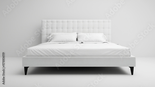  white kingsize bed in limbo white background, simple designed, photo