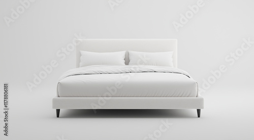 Modern bed with white fabric, on the floor, front view, white background, high-resolution photography, insanely detailed, fine details, isolated plain, stock photo color grading, h photo