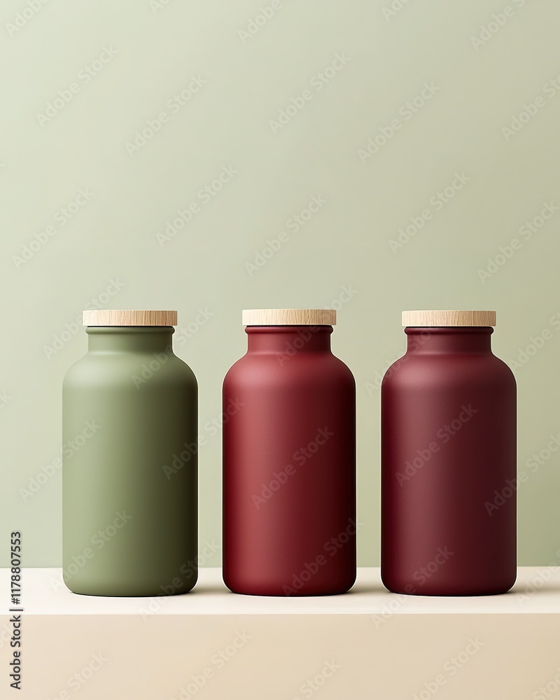 Three stylish, matte jars with wooden lids in green, burgundy, and a neutral tone, set against a soft green backdrop. Three stylish, matte jars with wooden lids in green, burgundy, and a neutral tone, set against a soft green backdrop.