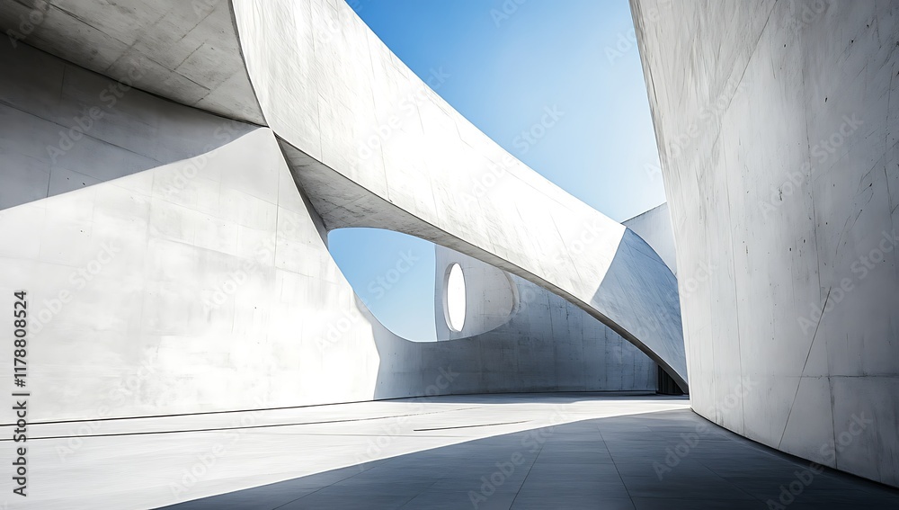 Fototapeta premium Modern concrete architecture, sunlight, open space, architectural design, construction.