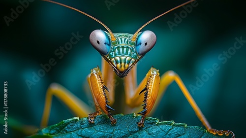 Praying Mantis Blending Seamlessly with Green Leaves Predatory Elegance in Focus