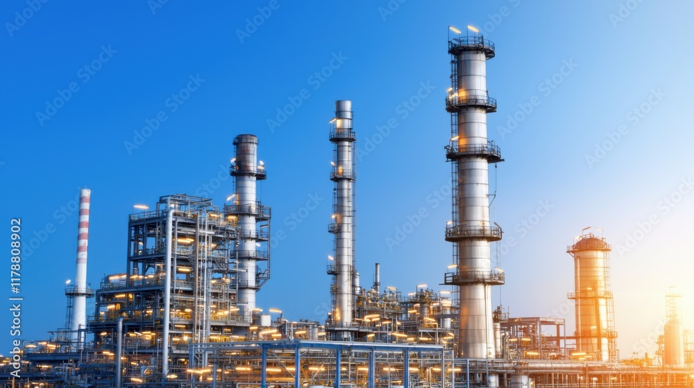 A modern industrial facility featuring tall smokestacks against a clear blue sky, showcasing elements of energy production and manufacturing. A modern industrial facility featuring tall smokestacks against a clear blue sky, showcasing elements of energy production and manufacturing.