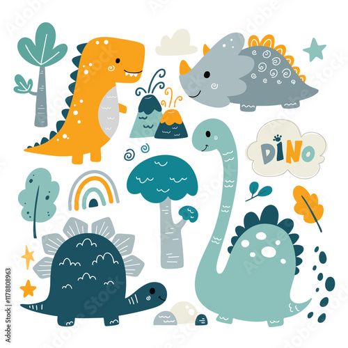 Doodle Set of Dinosaurs and Elements Clipart
