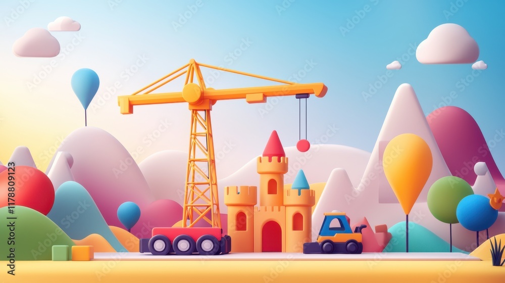 A colorful, playful scene featuring a crane and a construction vehicle building a castle against a backdrop of mountains and balloons. A colorful, playful scene featuring a crane and a construction vehicle building a castle against a backdrop of mountains and balloons.