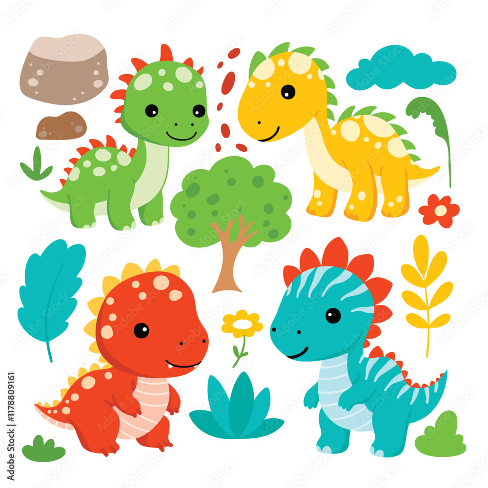 Naklejka premium Doodle Set of Dinosaurs and Elements Clipart