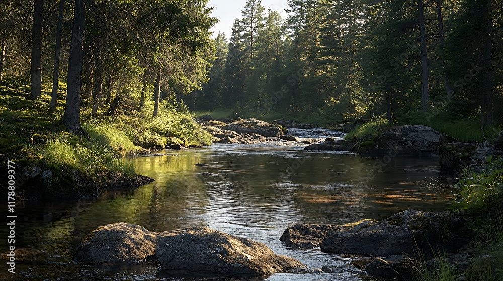 Serene forest river at sunrise, calm water reflecting sunlight, peaceful nature scene, ideal for travel brochures. Serene forest river at sunrise, calm water reflecting sunlight, peaceful nature scene, ideal for travel brochures.