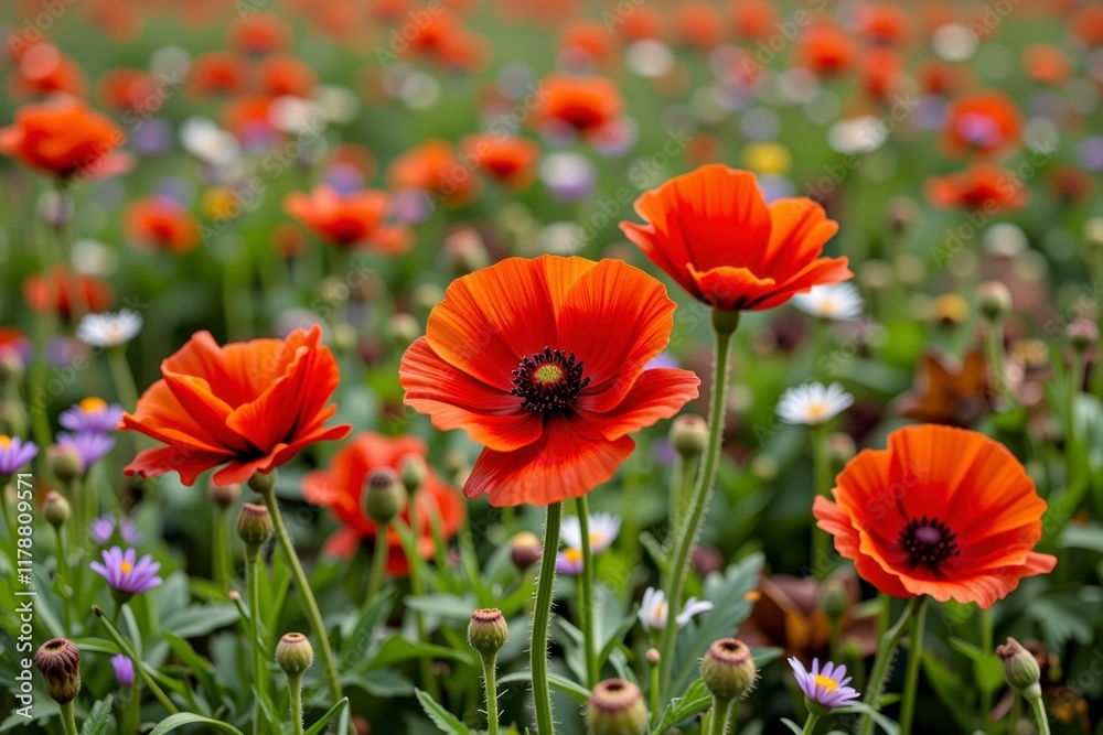 Vibrant Red Poppies Blooming in a Lush Summer Meadow Field Vibrant Red Poppies Blooming in a Lush Summer Meadow Field