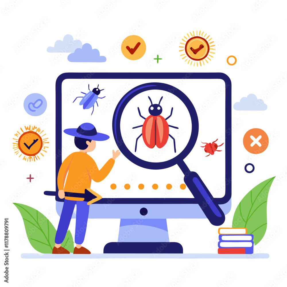 A software tester focuses on identifying bugs displayed on a computer screen, using a magnifying glass. The vibrant workspace features checkmarks and insects, indicating active scrutiny of issues A software tester focuses on identifying bugs displayed on a computer screen, using a magnifying glass. The vibrant workspace features checkmarks and insects, indicating active scrutiny of issues