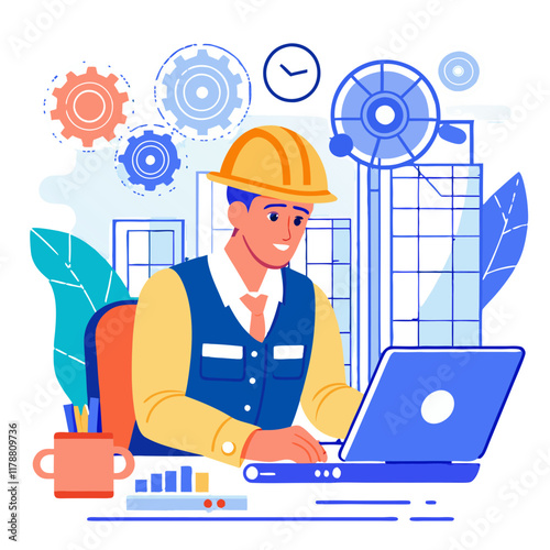 A civil engineer focuses on detailed blueprints at his desk in a contemporary office. He uses a laptop and is surrounded by engineering schematics and gear icons, suggesting project planning