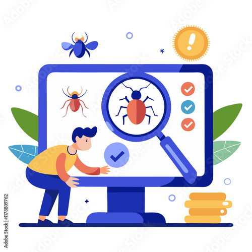 A software tester examines a computer screen displaying various bugs and checks off identified issues. The workspace is vibrant and focused on quality assurance tasks