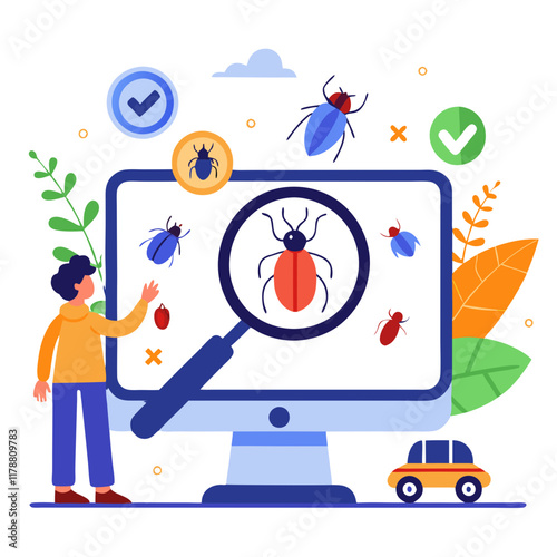 A software tester analyzes a computer screen displaying bugs with various icons and illustrations. The focus is on the interaction with digital elements in a testing environment