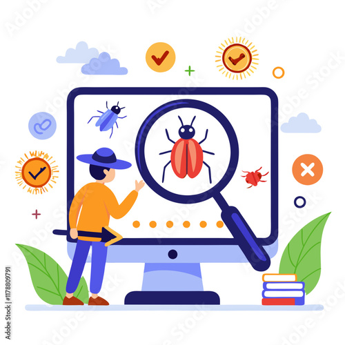 A software tester focuses on identifying bugs displayed on a computer screen, using a magnifying glass. The vibrant workspace features checkmarks and insects, indicating active scrutiny of issues