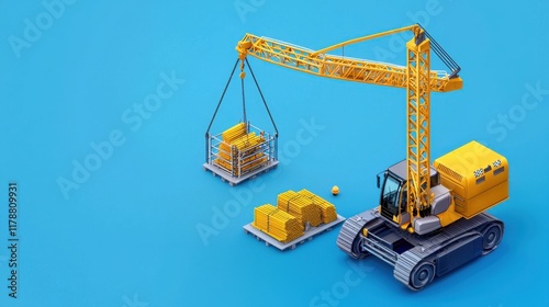 Wallpaper Mural A yellow crane lifts a load of boxes on a blue background, illustrating construction or logistics themes with a modern design. Torontodigital.ca