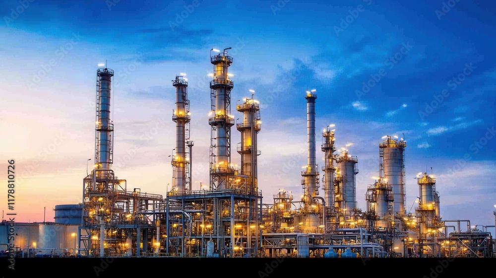 A vibrant sunset illuminates a large industrial refinery, showcasing towering smokestacks and complex structures against a dramatic sky. A vibrant sunset illuminates a large industrial refinery, showcasing towering smokestacks and complex structures against a dramatic sky.