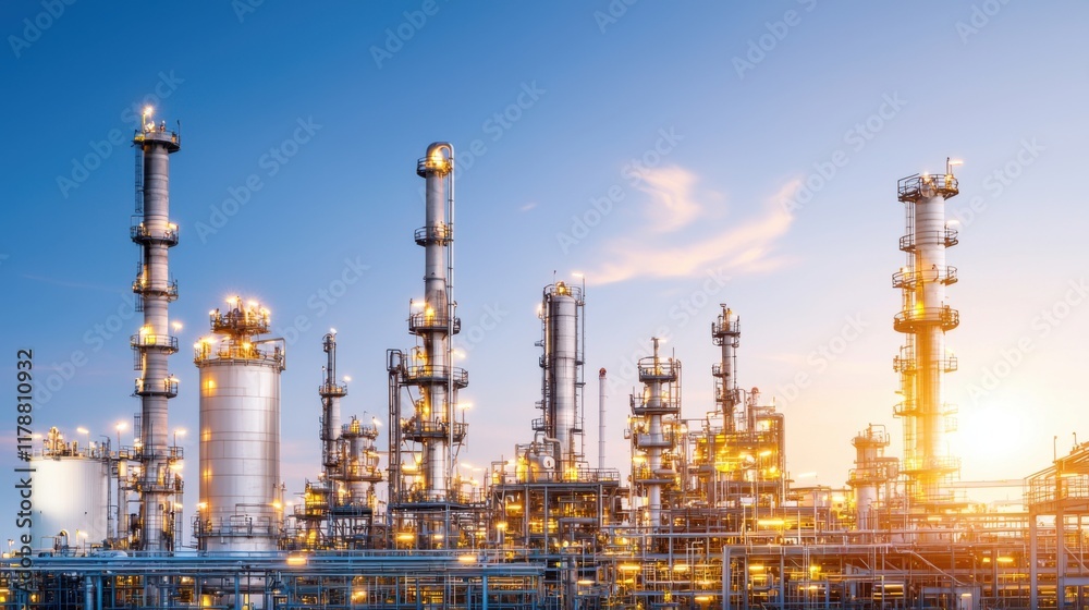 A vibrant oil refinery skyline at sunset, showcasing industrial towers and pipes illuminated against a clear blue sky. A vibrant oil refinery skyline at sunset, showcasing industrial towers and pipes illuminated against a clear blue sky.
