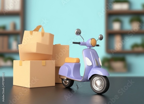 3D delivery service scooter and cardboard boxes for parcels- location icon. fast delivery service concept. purchases in the online store. 3d rendering photo