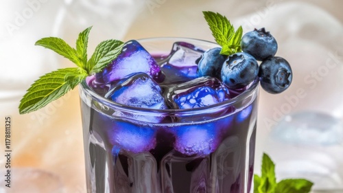 A vibrant glass of freshly poured blueberry juice filled with glistening ice cubes under natural light, garnished with fresh blueberries on the rim and mint leaves for added appeal, with a soft and ne photo