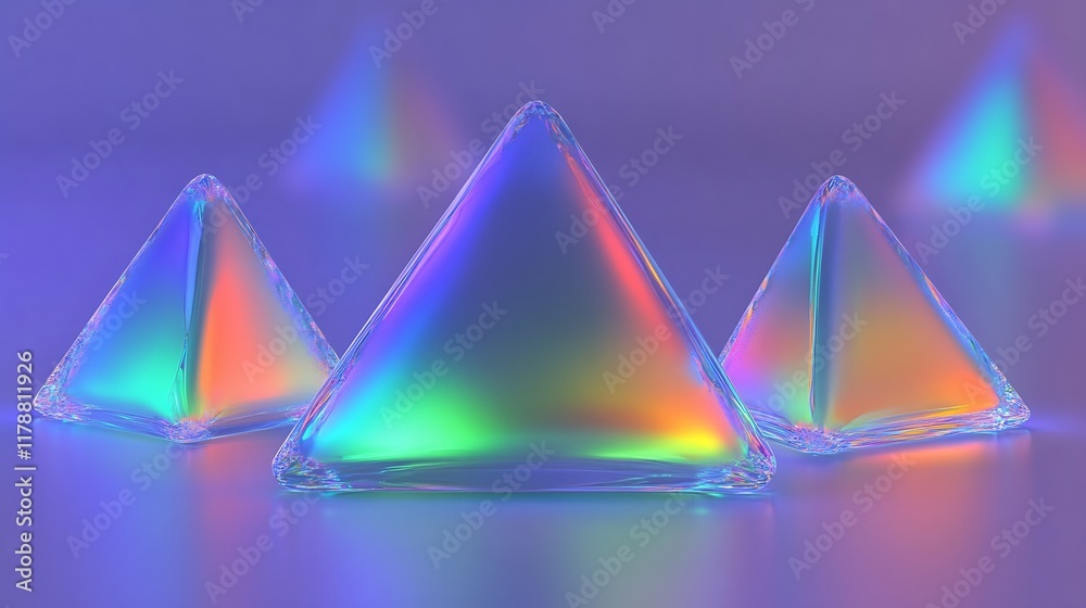 Vibrant Prismatic Pyramids Gleam Mysteriously in Soft Light: A Stunning 3D Render. AI Generated Vibrant Prismatic Pyramids Gleam Mysteriously in Soft Light: A Stunning 3D Render. AI Generated