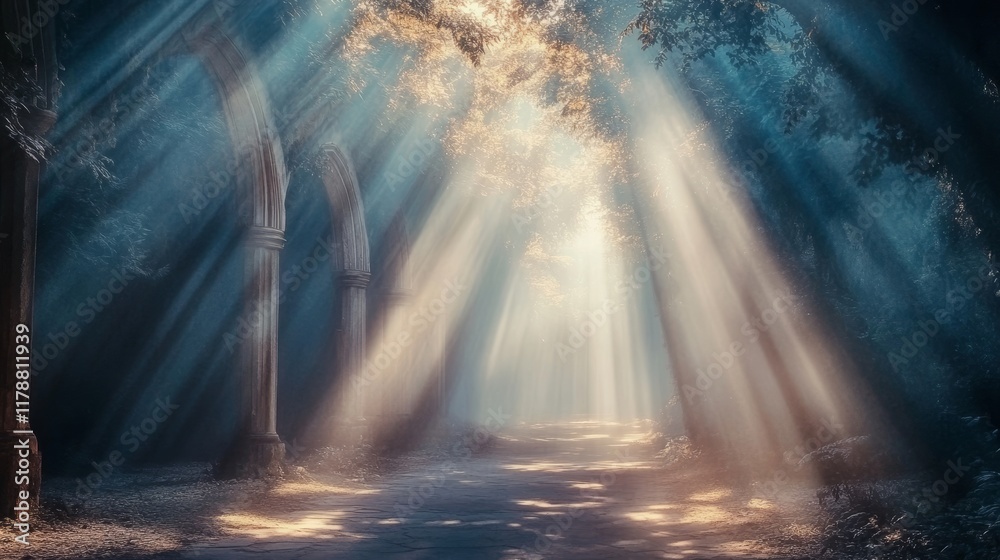 Fototapeta premium Encounter a surreal and dreamy environment where light filters through a wooded canopy, creating a mystical atmosphere filled with tranquility and beauty.