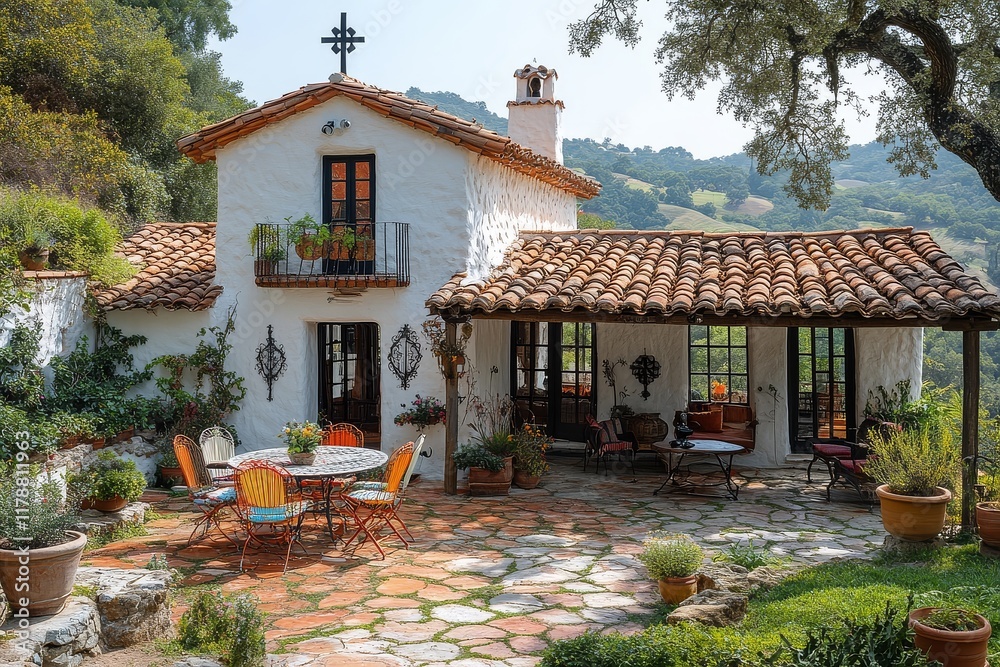 Obraz premium Small two-story Spanish-style house with white walls and red tiles, featuring an outdoor dining area, colorful chairs, oak trees, and a black cross.