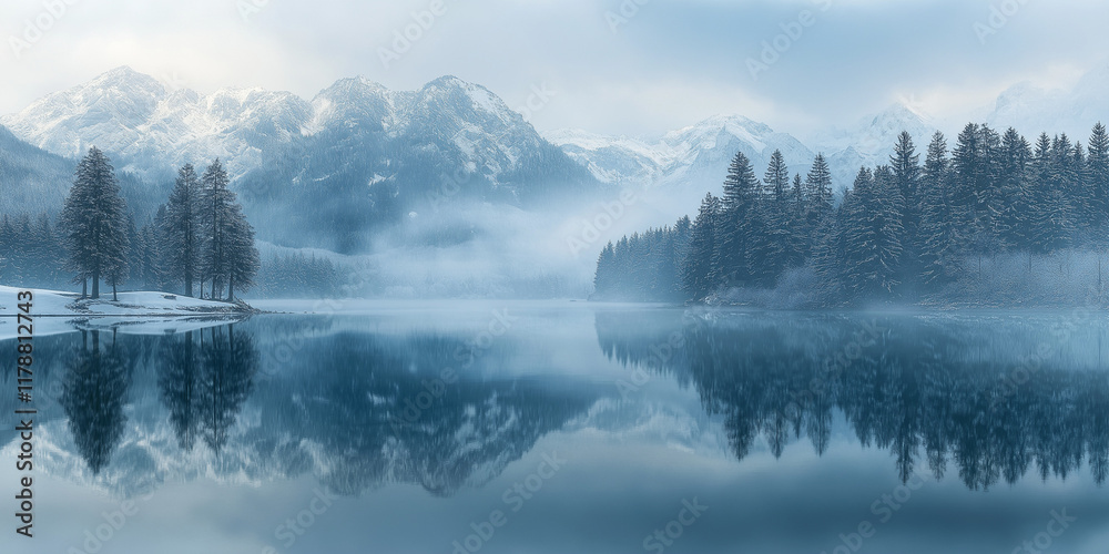 Fototapeta premium Majestic winter landscape reflection serene mountain lake nature photography tranquil environment wide-angle view peaceful concept