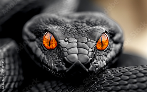 A black snake with red eyes and a black body