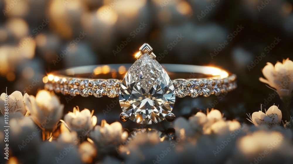Pear Shaped Diamond Engagement Ring Among Flowers Pear Shaped Diamond Engagement Ring Among Flowers